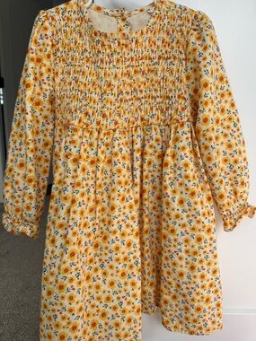 Smocked Yellow Floral Long-Sleeve Girls' Dress